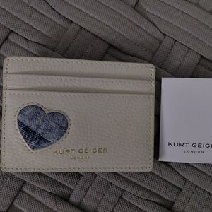 Kurt Geiger London Love Card Holder Nwt. Cream Leather Blue Fabric Heart